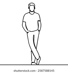 continuous line drawing A man stands leaning against the wall