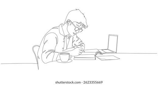 Continuous Line Drawing of Man Studying at Desk with Book, Laptop, and Coffee – Minimalist Education and Work Concept