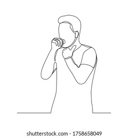 Continuous line drawing of man suffer cough and holding cest. Vector illustration