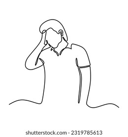 continuous line drawing of man suffering from strong headache and looking annoyed