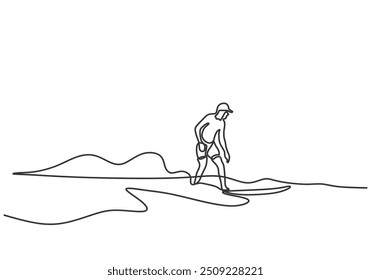 Continuous line drawing of a man surfing on a beach. Minimalist vector illustration representing the sport and adventure concept, hand-drawn and isolated.