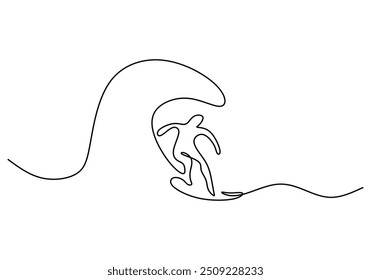 Desenho de linha contínua de um homem surfando em uma praia. Ilustração vetorial minimalista destacando o conceito de esporte e aventura, desenhado à mão e isolado.