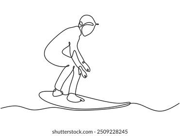 Continuous line drawing of a man surfing on a beach. Vector illustration depicting a graceful figure riding a wave on a surfboard, capturing the adventure of surfing.