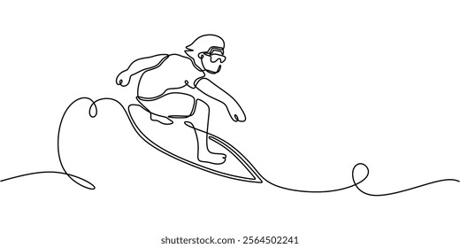 Continuous line drawing of a man surfing, illustrating the thrill of water sports. Minimalist design for a healthy lifestyle. Vector illustration hand drawn.