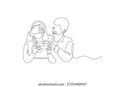Desenho de Linha Contínuo de Homem Surpreendente Mulher com Presente. Romântico Casal Momento, Amor, Afeto e Feliz Relacionamento Conceito