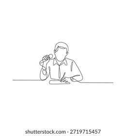 Un dibujo de línea continua de un hombre tomando notas mientras habla por teléfono