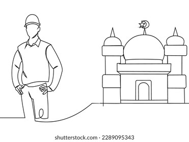 continuous line drawing of man thinking about wanting to build a mosque