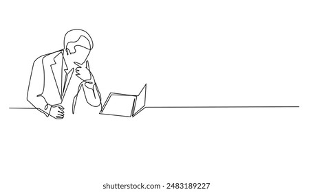 continuous line drawing of man thinking hard in front of laptop.one line vector drawing of business man thinking.line vector illustration.isolated white background