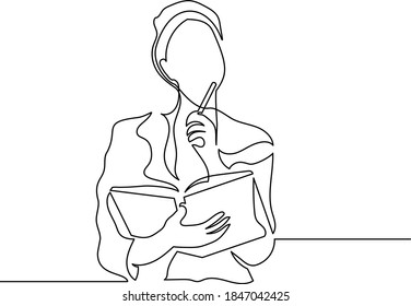 
Continuous line drawing, man thinks, holding a book and a pen in his hand. The concept of thinking, finding new ideas, learning.