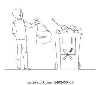 Continuous line drawing of man throwing metal rubbish into the metal dustbin. One line of trash can. Recycle bin continuous line art. Editable outline.