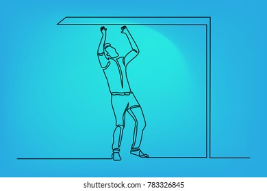 Continuous line drawing. A man in a tie and suit gets his hands on the ceiling.