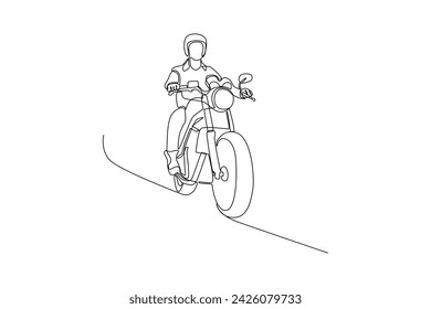 Continuous line drawing of man touring with classic motorcycle, Best Use for Sticker, editable icon. Simple line.