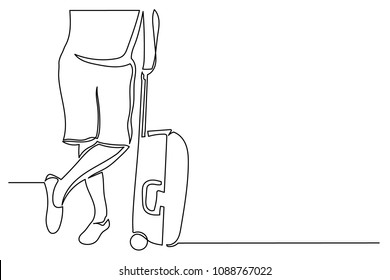 Continuous line drawing. Man Tourist in shorts with suitcase stands. concept of travel, air travel, hitchhiking. Black lines on white background drawing by hand.