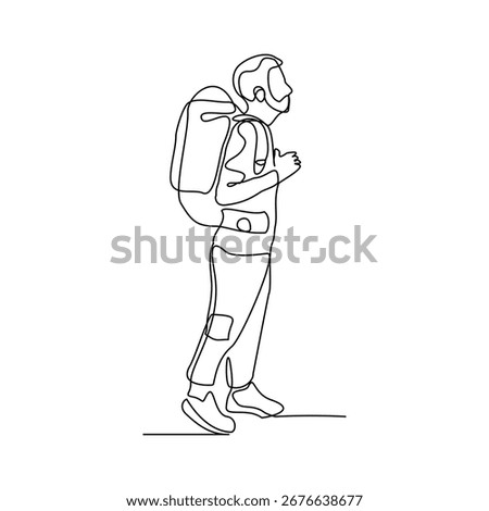 Continuous line drawing of man traveling backpack. Single one line art of woman hiking on top of mountain. Vector illustration editable stroke