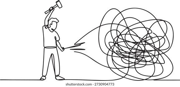 Desenho de linha contínua do homem tentando resolver problemas complexos representados por linhas confusas emaranhadas usando o conceito de dificuldade de luta de martelo e encontrar solução ilustração linear simples para esforço de desafio e resolução