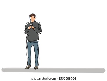 continuous line drawing of man using his mobile phone