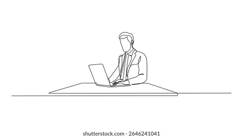 Continuous Line Drawing of a Man Using Laptop at a Table. Minimalist illustration of people working on laptop in black linear sketch isolated on white background