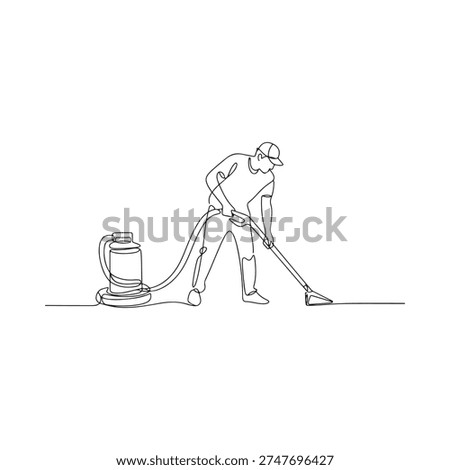 Continuous line drawing of a man vacuuming a floor indoors