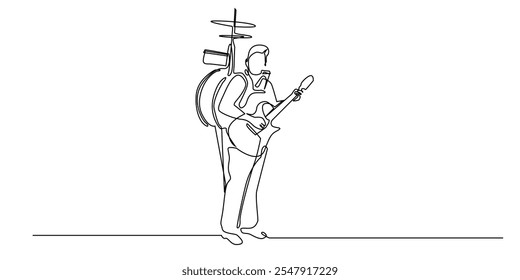 continuous line drawing of a man with various musical instruments on his back.one line drawing of a man with a super bag containing musical instruments.single line vector illustration.