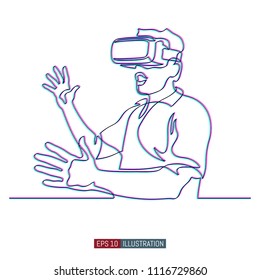 Continuous line drawing of man in virtual reality glasses. Glitch line effect. Template for your design works. Vector illustration.