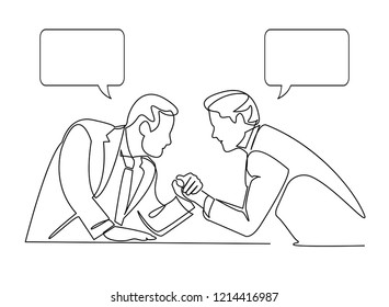 continuous line drawing of Man vs Businessman wrestling fight confrontation New technology progress
with dialog speech bubbles