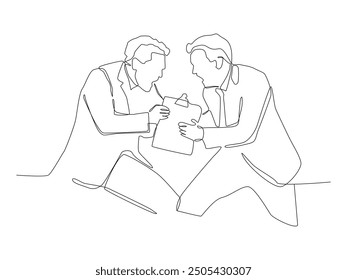 continuous line drawing of Man vs Businessman are fighting about business.