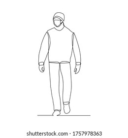 Continuous line drawing of man walking wear medical mask to protect virus and disease. Vector illustration