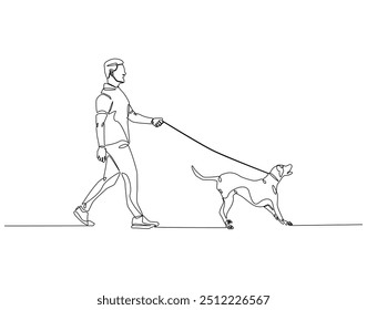 Dibujo de línea continua de hombre caminando con perro con correa. Ilustración de una sola línea de hombre con perro. Concepto nacional del día de la mascota. Esquema editable
