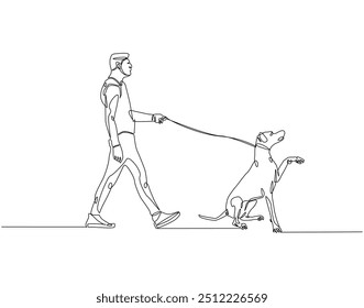 Desenho de linha contínuo do homem andando com o cão na coleira. Ilustração de linha única de homem com cão. Conceito nacional de dia de animal de estimação. Estrutura de tópicos editável
