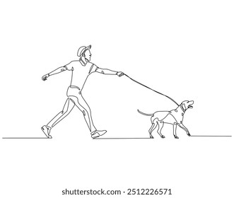 Desenho de linha contínuo do homem andando com o cão na coleira. Ilustração de linha única de homem com cão. Conceito nacional de dia de animal de estimação. Estrutura de tópicos editável
