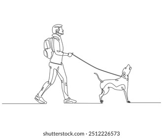 Continuous line drawing of man walking with dog on leash. Single line illustration of man with dog. National pet day concept. Editable outline
