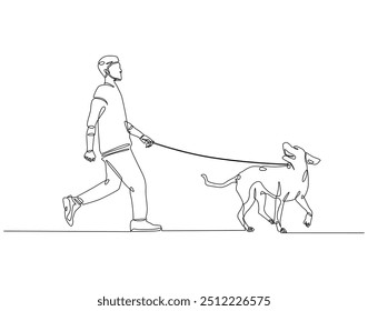 Continuous line drawing of man walking with dog on leash. Single line illustration of man with dog. National pet day concept. Editable outline
