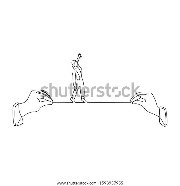 Continuous Line Drawing Of Man Walking On A Rope Vector Illustration