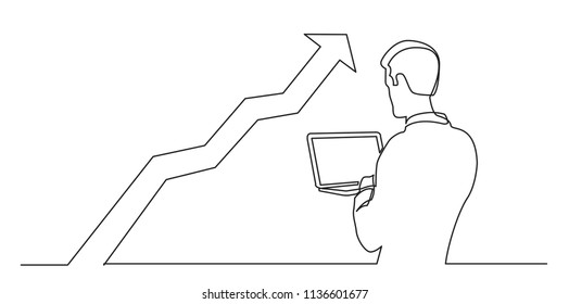 continuous line drawing of man watching laptop computer at increasing graph