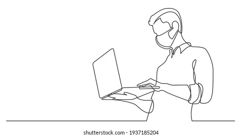 continuous line drawing of man watching laptop computer wearing face mask