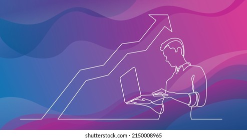 continuous line drawing of man watching laptop computer increasing graph