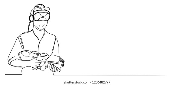 Continuous line, drawing of Man wearing virtual reality headset / technology / game play modern games.