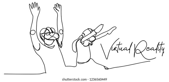 Continuous line, drawing of Man wearing virtual reality headset / technology / game play modern games.