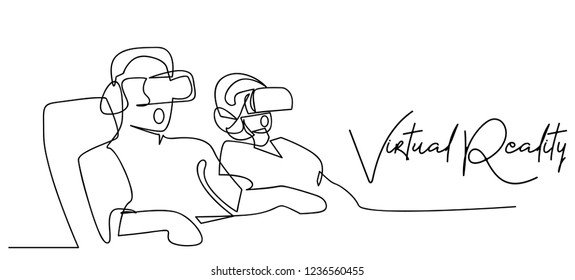 Continuous line, drawing of Man wearing virtual reality headset / technology / game play modern games.