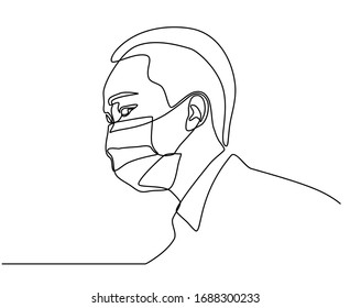continuous line drawing of Man wearing hygienic mask to prevent infection, airborne respiratory illness such as flu, corona virus. Protection against contagious disease. isolated on white background