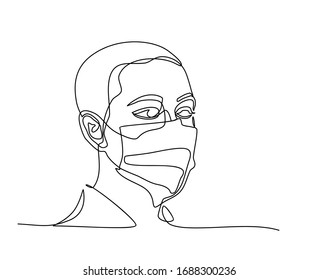 ununterbrochene Zeichnung des Man mit hygienischer Maske, um Infektionen, Atemwegserkrankungen wie Grippe, Koronavirus zu verhindern. Schutz gegen ansteckende Krankheiten. einzeln auf weißem Hintergrund