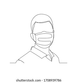 Continuous line drawing of man wearing surgical mask to protect disease, flu, air pollution, pandemic, virus. Vector illustration.