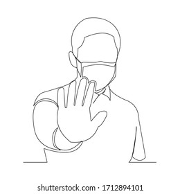 Continuous line drawing of man wearing surgical mask and stop gesture with hand to protect disease, flu, air pollution, pandemic, virus. Vector illustration.