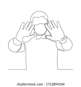 Dibujo continuo de hombre con mascarilla quirúrgica y detener el gesto con la mano para proteger la enfermedad, la gripe, la contaminación del aire, la pandemia, el virus. Ilustración vectorial.