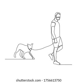 Dibujo continuo en línea de un hombre con mascarilla caminando con mascota. Ilustración del vector