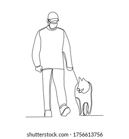 Dibujo continuo en línea de un hombre con mascarilla caminando con mascota. Ilustración del vector
