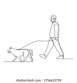 Continuous line drawing of man wearing mask walking with pet. Vector illustration