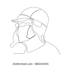 Continuous line drawing of Man wearing mask to prevent flu and air pollution in trapper hat