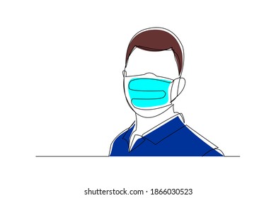 Dibujo continuo de personas con máscara quirúrgica para proteger la enfermedad, la gripe, la contaminación del aire, la pandemia, el virus. Ilustración del vector