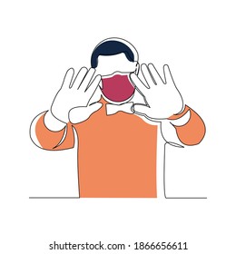 Continuous line drawing of man wearing surgical mask to protect disease, flu, air pollution, pandemic, virus. Vector illustration